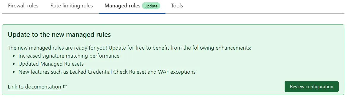 The upgrade banner displayed to Pro/Business customers in WAF > Managed rules.