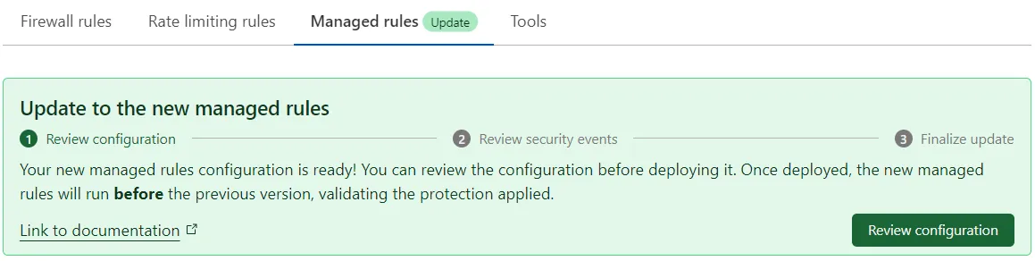 The upgrade banner displayed to Enterprise customers in WAF > Managed rules.